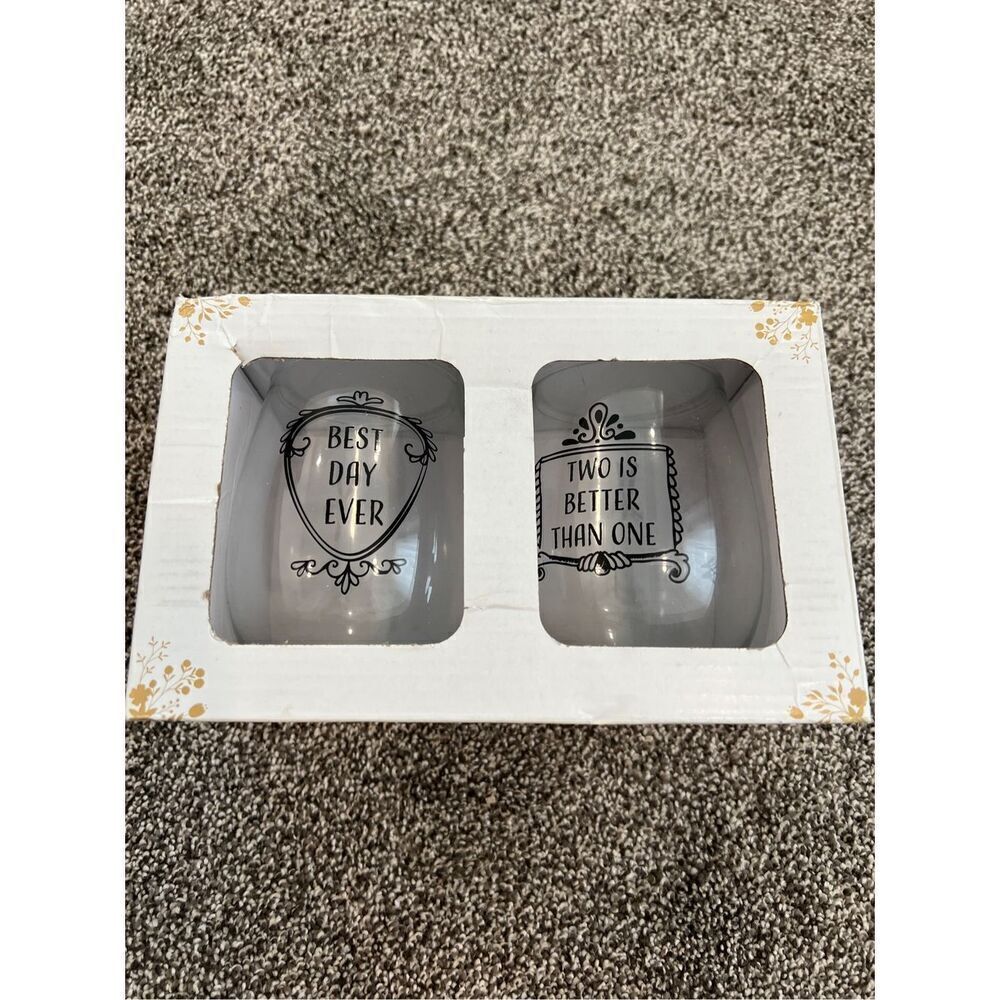 NIB Love in bloom wedding day stemless wine glasses